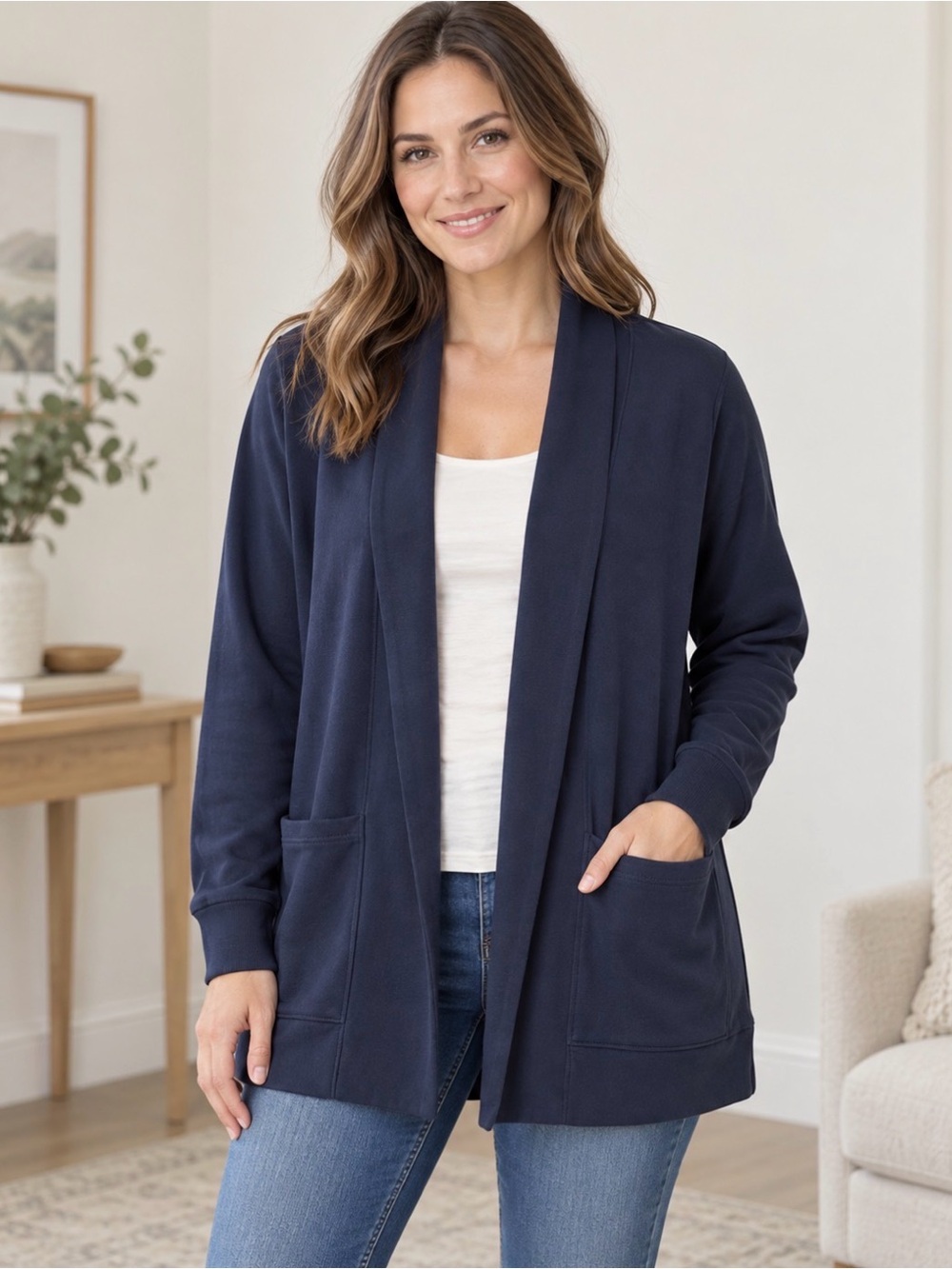 Pact Women’s Large Navy Open Front Cardigan Organic Cotton Long Sleeve Pockets